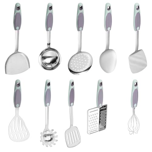 10PCS Cooking Utensils Set, HIFIND Stainless Steel Utensils Set Non Slip Handle Heat Resistant Kitchen Cooking Tools Durable Metal Utensil Spatula, Spoon, Whisk, Ladle, Pasta Fork