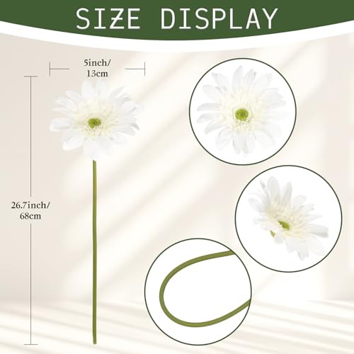 ICBOX White Gerbera Daisy Artificial Flowers 5PCS – Real Touch Latex Silk Daisies Flowers Artificial, 26.7" Long Stem Fake Flowers with Stems for Wedding Bouquets, Home Décor, or Daisy Centerpieces by ICBOX - Used condition - Image 2