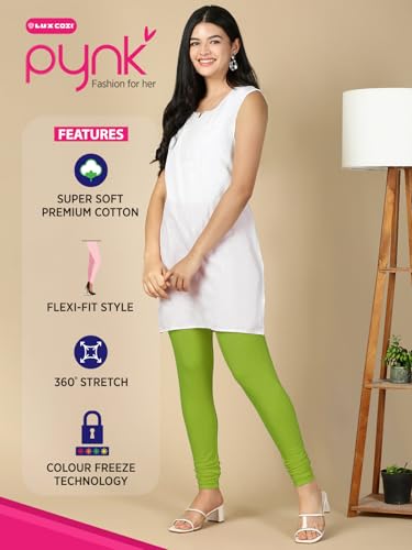 Image of Lux Cozi PYNK Solid Premium Cotton Lycra Churidar Leggings for Women | Regular Fit Elastic Waist Full Length Women Leggings | Free Size