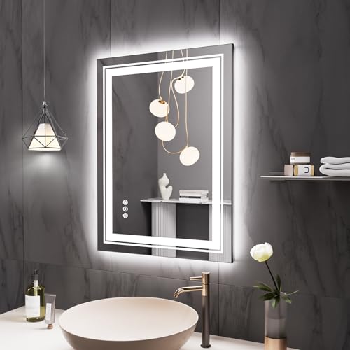 Snowdool 32" x 24" LED Bathroom Mirror with Lights, Front and Backlit Mirror, Anti-Fog Lighted Vanity Mirror, Stepless Dimmable, 3 Colors LED Mirror (Horizontal/Vertical) by Snowdool - Used condition - US$81.04