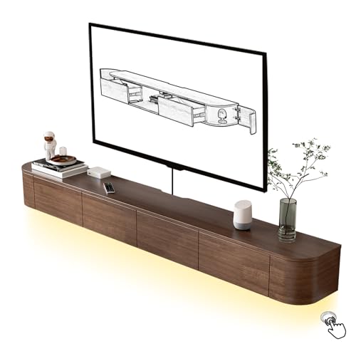 HYANXUE Schwimmende TV-Einheit, montierter Ständer mit Klapptüren und Seitentür, Aufbewahrungs-Bank unter dem Fernseher für Schlafzimmer, Wohnzimmer (Braun + LED, 180 cm)