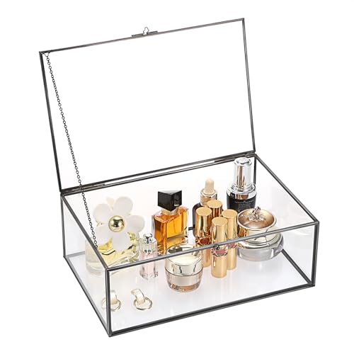 TOLIDA Caja de cristal vintage extra grande con tapa – Joyero rectangular, caja de exhibición de vidrio de mesa para joyas, anillos, pulseras, collares, caja de almacenamiento de vidrio (negro)