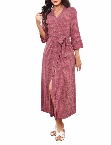 Marvmys Albornoz Mujer Baño Algodón Bata Manga 3/4 Kimono Albornoces Invierno Largo Batas Mujer Cuello V con Cinturón y Bolsillos Robe Femenino S-XXL rojo XL