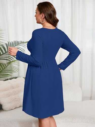 Image of AusLook Women's Plus Size Long Sleeve Midi Dress Casual Empire Waist Loose Flowy Dresses A-Line Boho Long Dress with Pockets