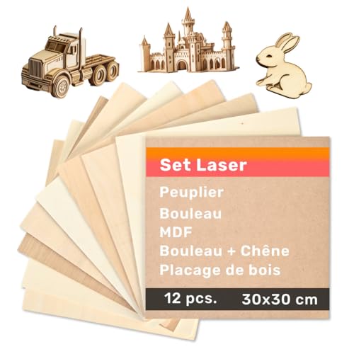 Kontrasti Lot de 12 panneaux de contreplaqué en bois 30 x 30 cm et placage - peuplier, bouleau, MDF, chêne - pour modélisme, pyrographe bois, passe-temps et gravure laser