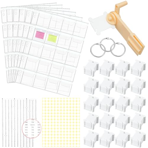 Humyoun 132 Pcs Embroidery Floss Organizer 6 Cross Stitch Thread Storage Binders Pages 120 Hard Plastic Floss Bobbins 1 Bobbin Winder 2 Stickers 3 Loose Leaf Binder Rings for Embroidery Sewing Storage