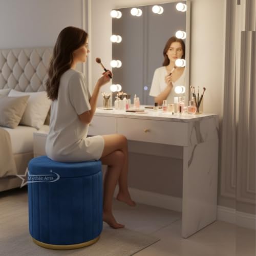 Image of Round Strip Stool with Cushion Foot Rest Office Stool Pouf Ottoman Padded Seat in Living Room - Blue