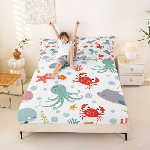 Image of jejeloiu Dolphin Bed Sheets Sets Queen Size Kids Boys Girls Jellyfish Crab Starfish Bedding Set Ocean Bed Sheet Set with 16-Inch Deep Pockets 4Pcs with 2 Pillow Cases