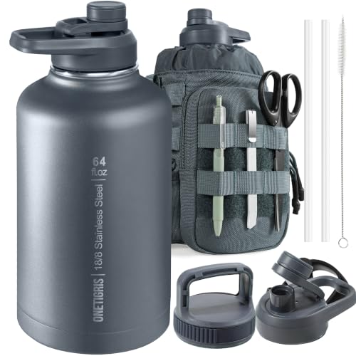 Image of ONETIGRIS Tactical Half Gallon Water Bottle with Straw - 64 oz Vacuum Insulated Stainless Steel Water Jug, Leakproof Sport Bottle with 3 BPA Free Lids, Paracord Handle & MOLLE Water Pouch for Outdoor