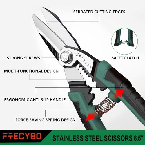 Image of Heavy Duty Industrial Scissors 8.5'', Electrician Scissors with Finely Serrated CR-V Powerful Blades, Easy Cutting Wires, Cardboard, Plastic, Carpet, Wire Stripping and Crimping