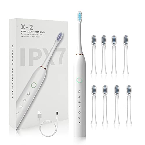 Sonic Electric Toothbrush for Adults and Kids, USB Rechargeable Whitening Tooth Brush with 8 Brush Heads, 6 Modes, 2 Minutes Smart Timers, 45,000 VPM, IPX7 Waterproof Power Cleaning Toothbrush - White
