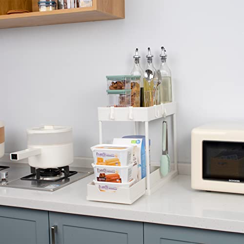 Under Sliding Cabinet Basket Organizer, 2-Tier Kitchen Under Sink Storage Drawer Rack Organizer Dust-Proof Water-Proof, Expandable Under Sink Organizer With 2 Cups And 4 Hooks, White #TOP1