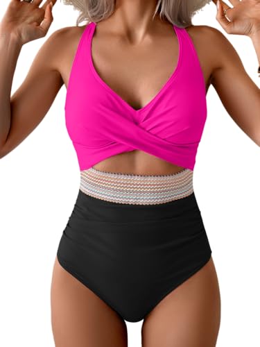Image of B2prity Women's One Piece Swimsuit Tummy Control High Waisted Bathing Suit | Color Block,Removable Soft Cups,Cutout,V neck,Full Coverage,Adjustable Criss Cross Straps,Tie Back