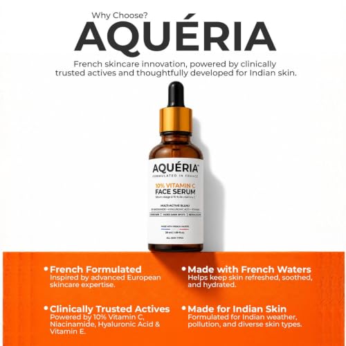 Image of Aqueria 10% Vitamin C Brightening Face Serum for Glowing Skin | 50ml | French Formulated Serum with 3% Niacinamide, Hyaluronic Acid & Vitamin E | For Dark Spots, Dull Skin & Uneveven Skin Tone