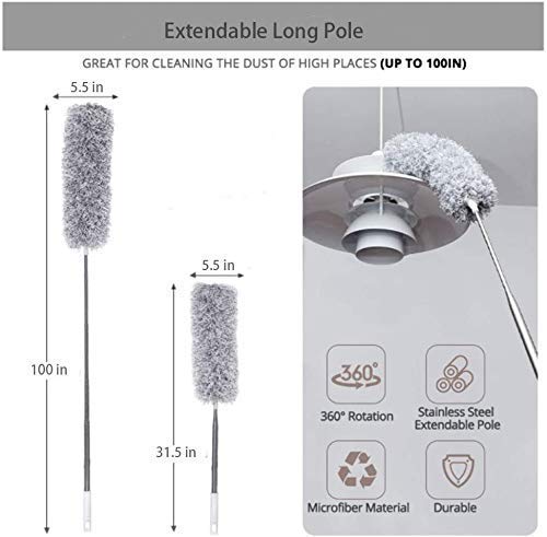 Telescoping Microfiber Duster With Extendable Stainless Steel 100 Inches Pole And 2 In 1 Floor Scrub Brush With 55 Inches Metal Adjustable Long Handle With Squeegee #TOP2