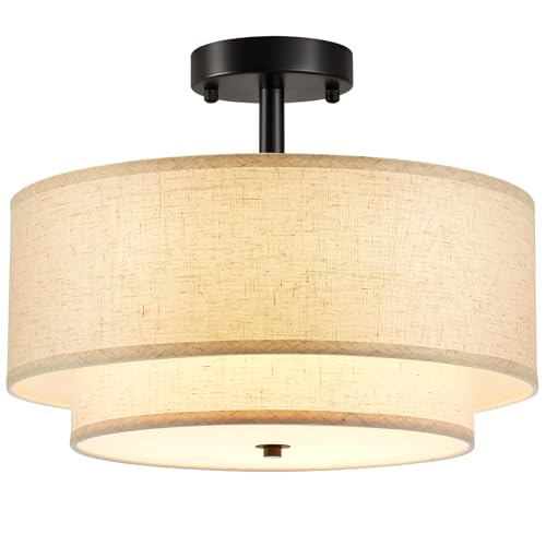 Ceiling Light, 16" Drum Light Fixtures Ceiling, 3-Light Semi Flush Mount Ceiling Light, 2-Layer Ceiling Light Fixtures with Fabric Shade,Kitchen Light Fixtures Ceiling Black Canopy for Bedroom Hallway by Maichixin - Used condition - CA$68.84