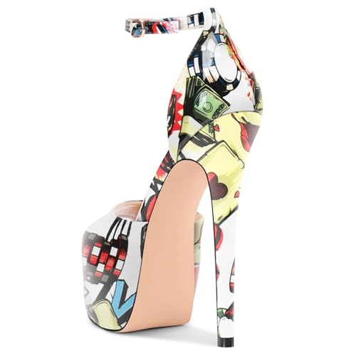 Image of TNYNFBEB Womens Stiletto High Platform Heel Peep Open Toe Sandals Ankle Strap Buckle Prom Party Dress Patent Leather 6.1 Inches Heels