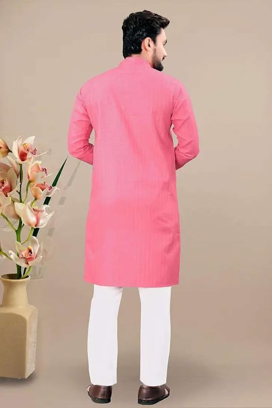 Image of FASHION GALLERY Men's Solid Pattern Polycotton Kurta with Long Sleeve Round Neck Knee Length and Pull On Closure Type|Men Kurta Pajama Set