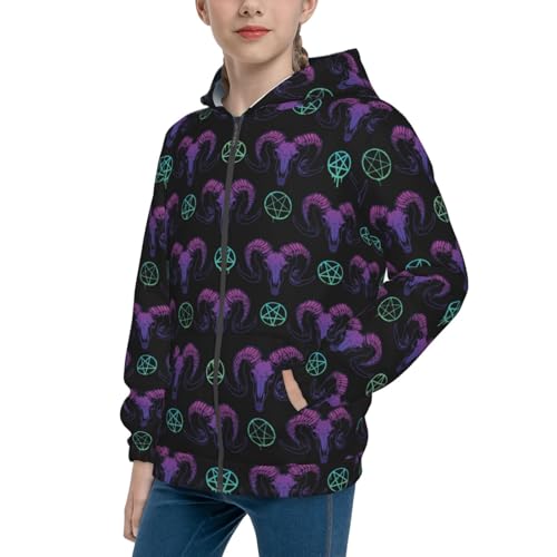 Mysterious Colorful Ram Skull Kid Hoodies Boys Zip Up Sweatshirts Girls Pullover with Pocket