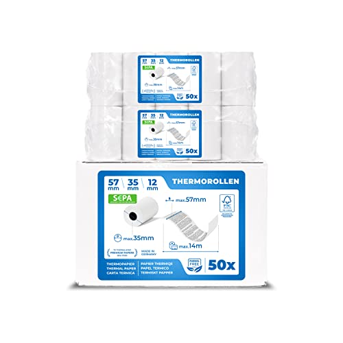 THERMALKING EC Cash Rollen Thermopapier 57mm x 35mm x 12mm - Thermorollen 57x35x12 für EC & Kredit-Kartenlesegeräte - Bonrollen mit SEPA-Lastschrifttext - Für Systeme bis 14m Papierbedarf (50 Stk)
