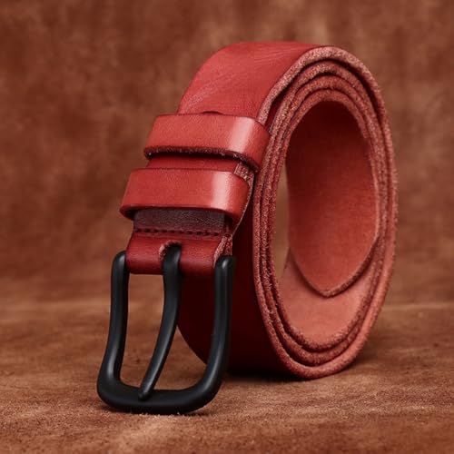Classic Men's Genuine Leather Belt Heavy Duty Work Belt, Handmade Casual Every Day Belt for Jeans Pants,Red,125CM/49.2''2