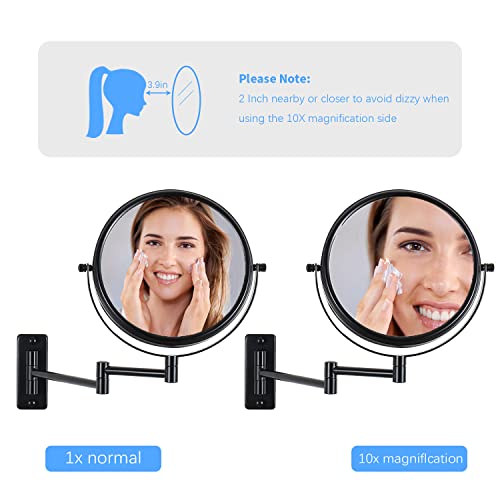 Wall Mounted Makeup Mirror 1X/ 10X Magnifying Mirror 8 Inch 360 Degree Rotating Bathroom Cosmetic Mirror,Reversible Double Sided Personal Vanity Mirror Telescopic Folding Without Dead Ends (Black) #TOP3