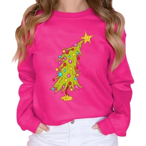 VKEGNIO Christmas Sweatshirts for Women Retro Lights Christmas Tree Graphic Long Sleeve Shirt Xmas Holiday Party Pullover Tops（Medium,Pink Cover