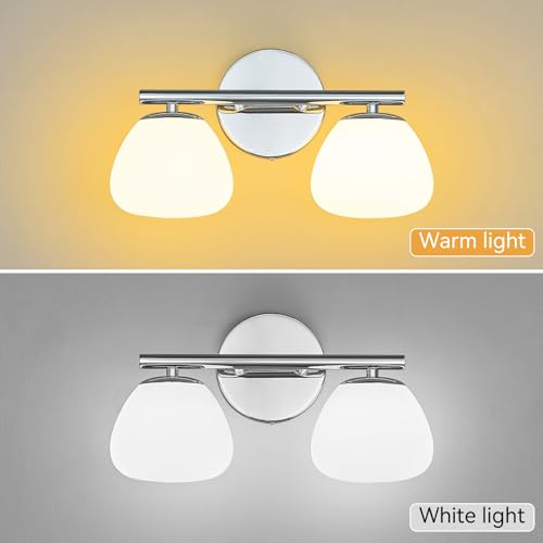 Image of Modern 2 Light Bathroom Vanity Light Chrome Vanity Light Bathroom Light Fixtures Over Mirror with Milk Glass Shade Bathroom Wall Sconce