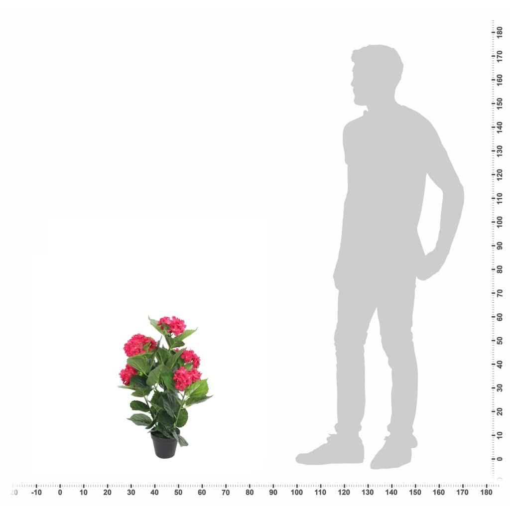 Künstliche Hortensie mit Topf 60 cm Rot, Kunstpflanze, pflegeleicht, dekorative Blume für Wohnzimmer, Büro, Bad, Balkon, Terrasse, Fensterbank und Tisch, langlebig