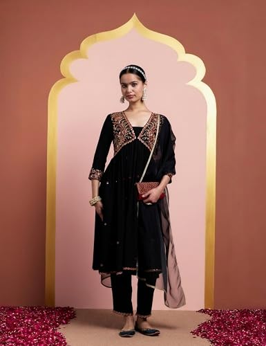 Image of Amazon Brand - Myx Women's Embroidered Anarkali Kurta Pant Set with Organza Dupatta | Salwar Suit (Available in Plus Sizes)