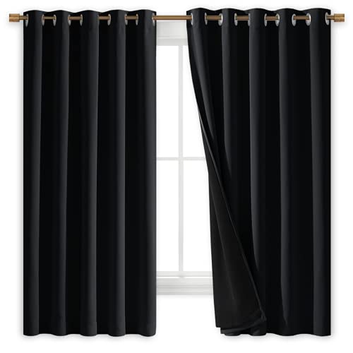 Image of NICETOWN Complete 100% Blackout Curtains, Thermal Insulated & Energy Efficiency Window Draperies with Black Liner, Noise Reducing Short Curtains for Kids Room (Black, 70-inch W by 63-inch L, 2 Panels)