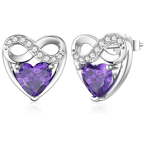 LANBEIDE Silver Stud Earrings for Women, February Birthstone Heart Earrings 925 Sterling Silver Infinity Love Heart Hypoallergenic Amethyst Earrings Birthday Gifts(with Box) Cover