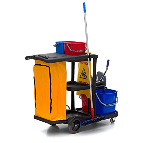 Wisch-Star Kunststoff Putzwagen Reinigungswagen mit Presse, 2X 25 Liter Eimer, 2X 6 Liter Eimer, Ablage, Warnschild und 120 Liter Müllsackhalterung
