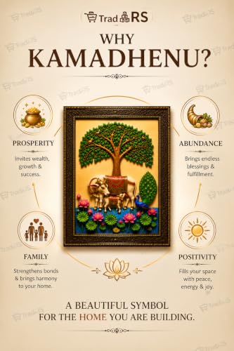 Image of Kamadhenu Cow & Calf Wall Photo Frame with Tree of Life, Peacock & Lotus | 8 x 12 Inch(20.32 x 30.48 cm) Religious Wall Decor for Living Room, Pooja Room & Bedroom | Vastu Home Decoration | Housewarming Gift