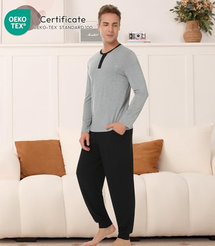 Image of NACHILA Mens Pajamas Set Long Sleeve Henley Sleepwear Top Soft Jogger Pants Pajamas Cool Pjs Set,Viscose Made from Bamboo