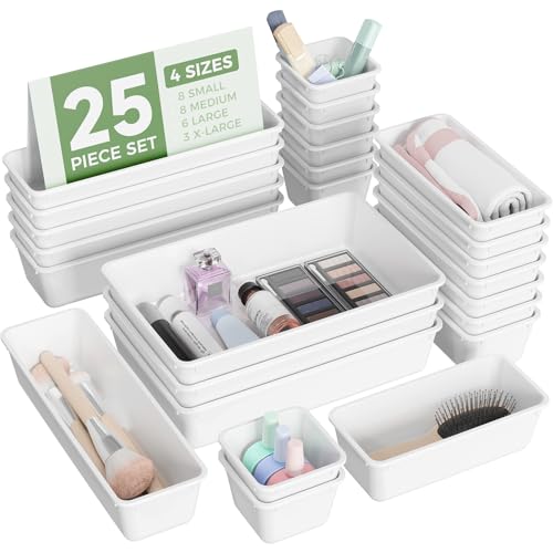 BiuLeon 25 PCS Plastic Drawer Organizers Set 4-Sizes Vanity and Makeup Organizer Desk and bathroom Drawer Organizer Trays Organizers and Storage for Makeup Jewelry Gadgets Utensils (White)