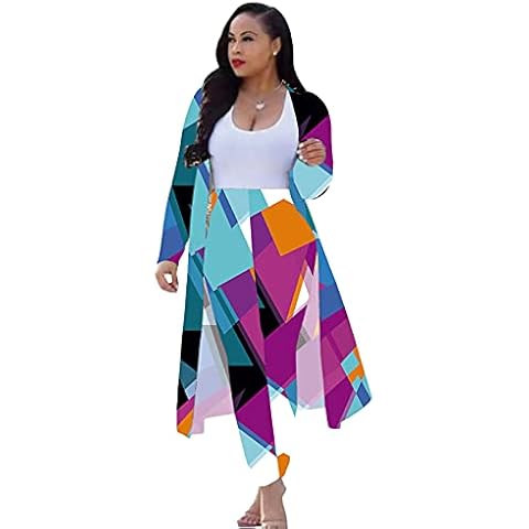 cocoganbaru Womens 2 Piece Outfits Floral Printed Long Sleeves Open Front Cardigan Overcoat Long Pants Sets Cyan/Purple XL Cover