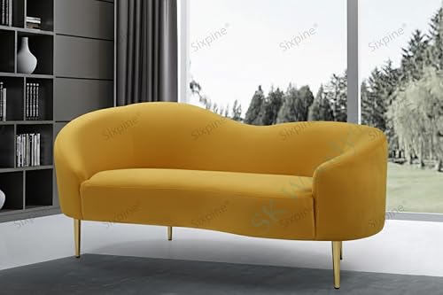 Image of Rosewood Luxury Curved Sofa in Premium Velvet-Fabric | Solid Wood Structure | High Density Foam | Sturdy Golden Legs | Comfortable & Stylish Couch for Modern Living Room (Yellow, 2 Seater)