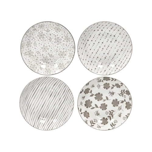 BRANDANI Piatto Fondo Loto Tortora Set 4 Pezzi Decori Assortiti Porcellana 20cm