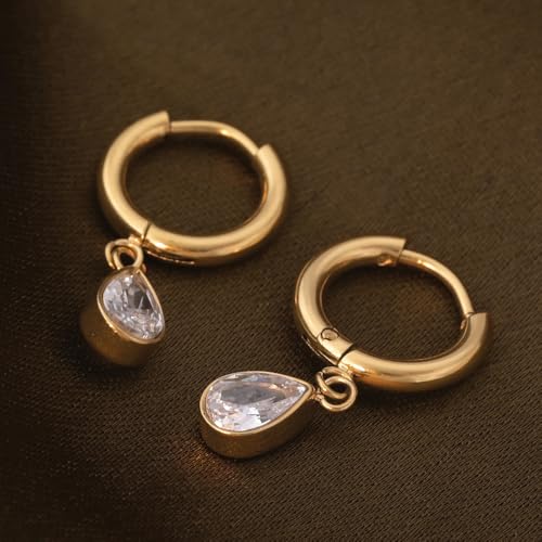 Image of PALMONAS 18k Gold Plated Solitaire Drop Hoop Earrings for Womens Waterproof & Anti-Tarnish