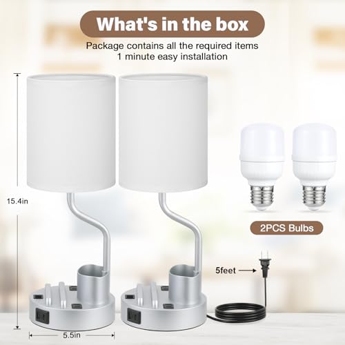 Grey Bedside Table Lamps for Bedroom Set of 2 - Nightstand Light with AC Outlet and USB A & C for Charging, 3 Color Temperatures Desk Lamp with Pen Holder & Phone Stand for Living Room/Dorm/Office by Fenmzee - Used condition - Image 6