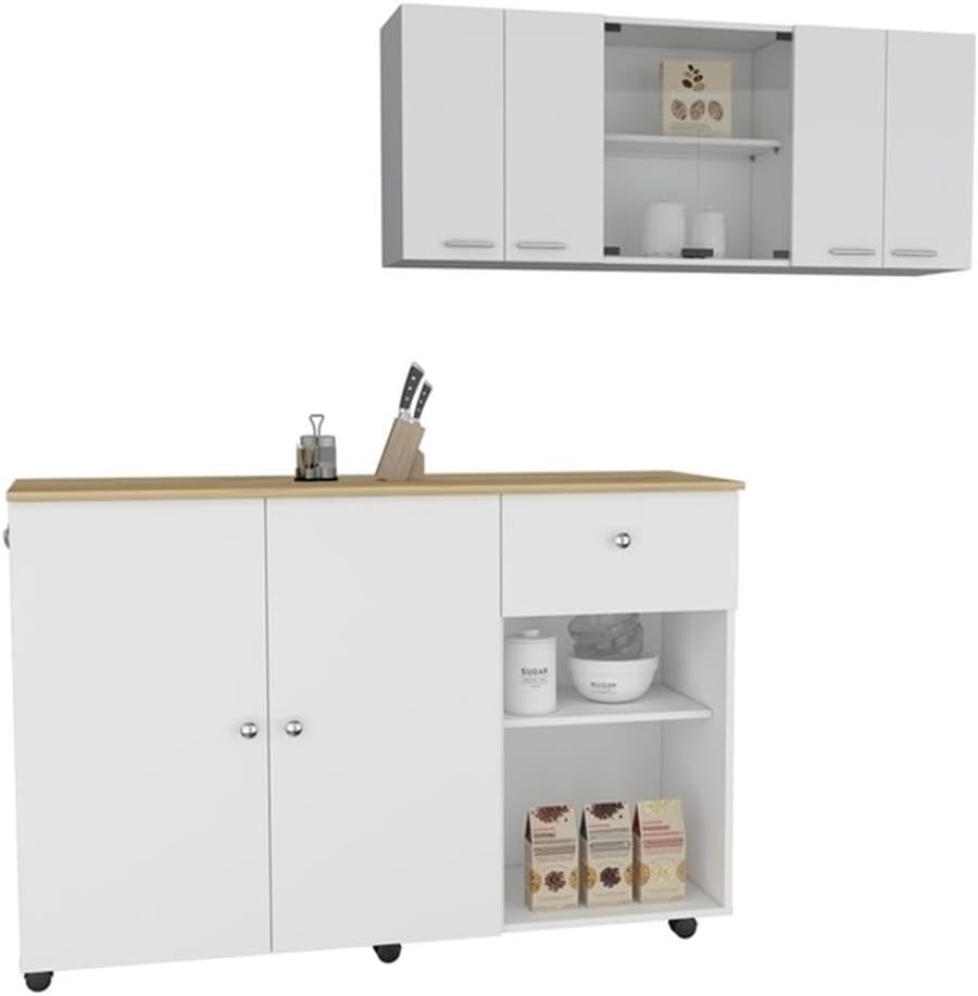 Tigard 2-Piece Kitchen Set with Kitchen Island and Upper Wall Cabinet, White/Light Oak
