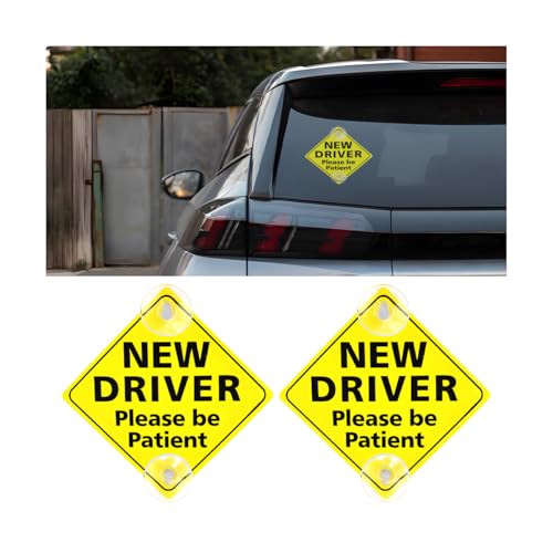 Image of 2PCS New Driver Car Sign, 5 x 5 Inch Please Be Patient Vehicle Window Sign Stickers with Suction Cups, Safety Warning Automotive Decal for Beginners Driving Learner, Universal Fit (Style 1)