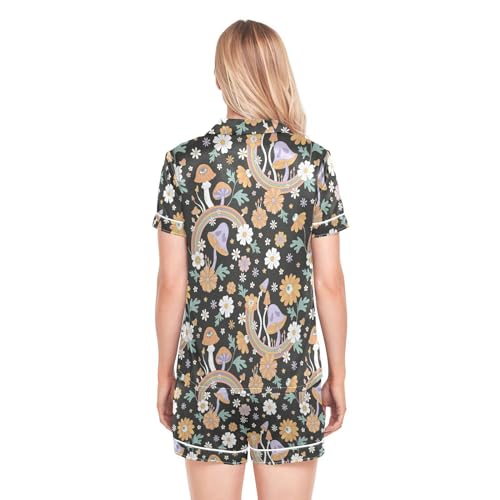 JUNZAN Mushrooms Flowers Conjuntos femininos de cetim macio com botões, Preto, G