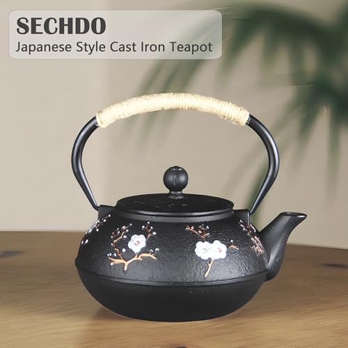Image of Cast Iron Teapot SECHUDO Teapot for Stovetop Safe Coated with Enameled Interior,Japanese Beautiful Tea Kettle with Stainless Steel Infuser for Loose Tea (30.4oz Plum Blossoms and Bird Pattern)