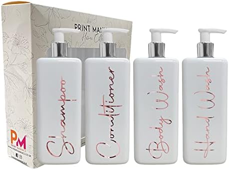 Print Maniacs Mrs Hinch Inspired Signature White 500ml Square Reusable Dispenser Bottle Silver Pump Personalised Bathroom Storage Toiletries Set F2 (Grey, Shamp, Con, Body Wash)
