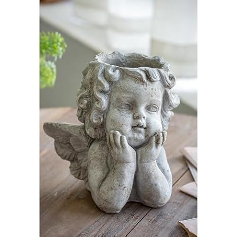 T2 CONCEPT 8" x 6.5" x 8" Gray Cement Angel Cherub Bust Planter, Head Vase, Stone-Like Finish, Accent, Home Decor, for Trailing Plants, Entryway, Sunroom, Bathroom, Patio, Porch Cover