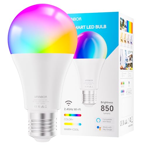 UPXNBOR Smarte Glühbirne E27, 9W, WLAN LED Lampe RGBWW Dimmbare mit 16 Millionen Farben, 850LM, Smart Home Alexa Zubehör, Kompatibel mit Alexa & Google Assistant, 2.4GHz, 1 Stück