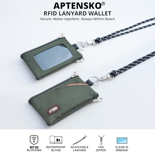 Image of RFID Blocking Travel Wallet with Adjustable Lanyard, Small Nylon Zipper Pouch and Badge Holder for ID, Credit Cards, Cash, Keys, Commuters (AmyGreen)