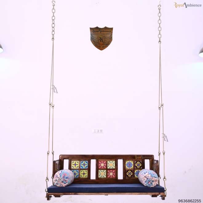 Image of Wooden /Jhula Reversible Tile with Brass Coated Chain Swing Without Cushion- Mannu (40 Inch)